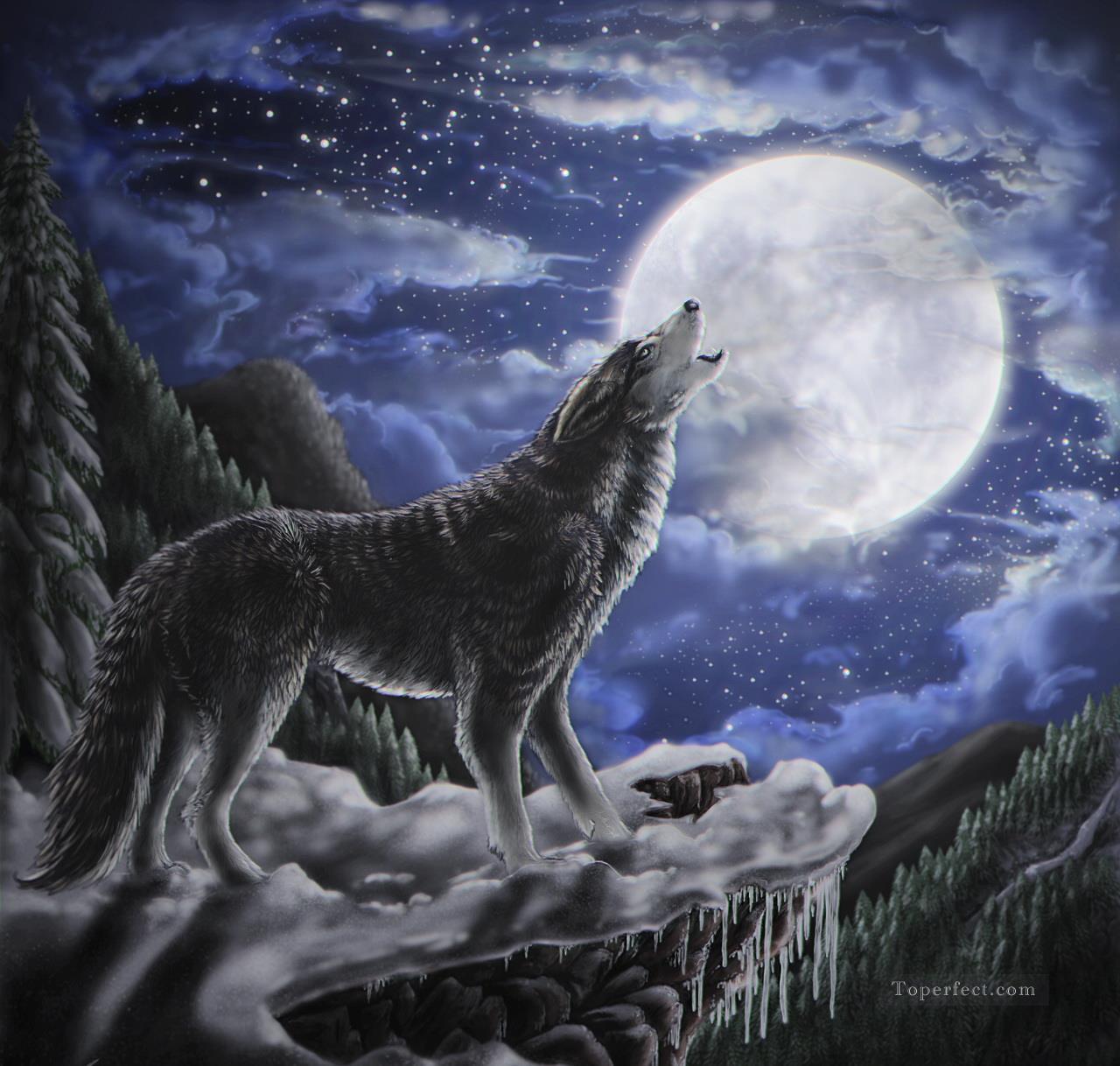 Wolf Mond Ölgemälde